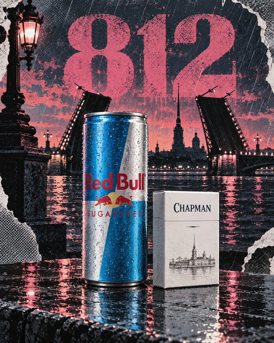 Коллаж: Red Bull без сахара, белый Chapman и разводной мост Санкт-Петербурга